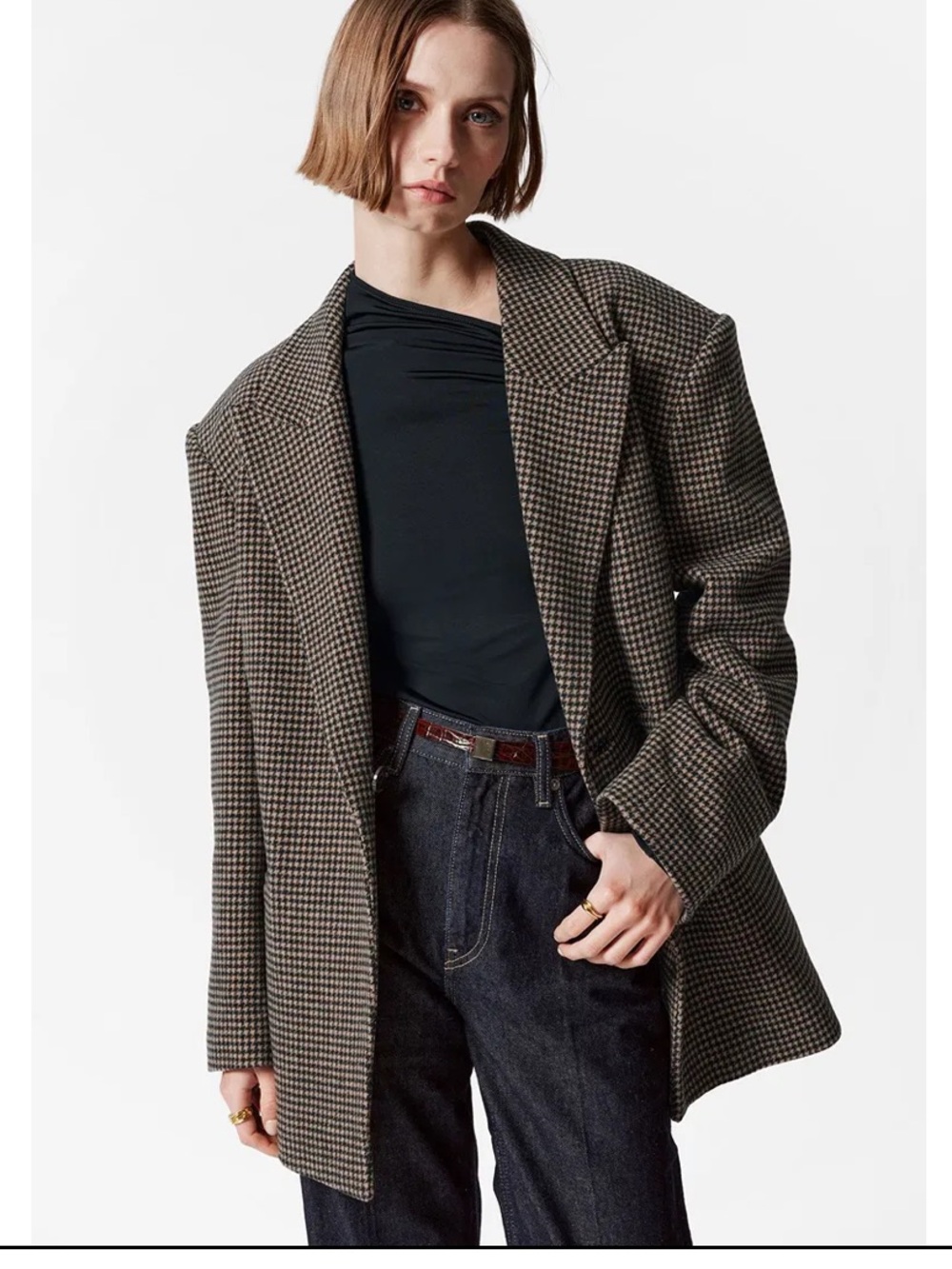 &other stories Belted wool Blazer brown dogtooth - Picture 9 of 16